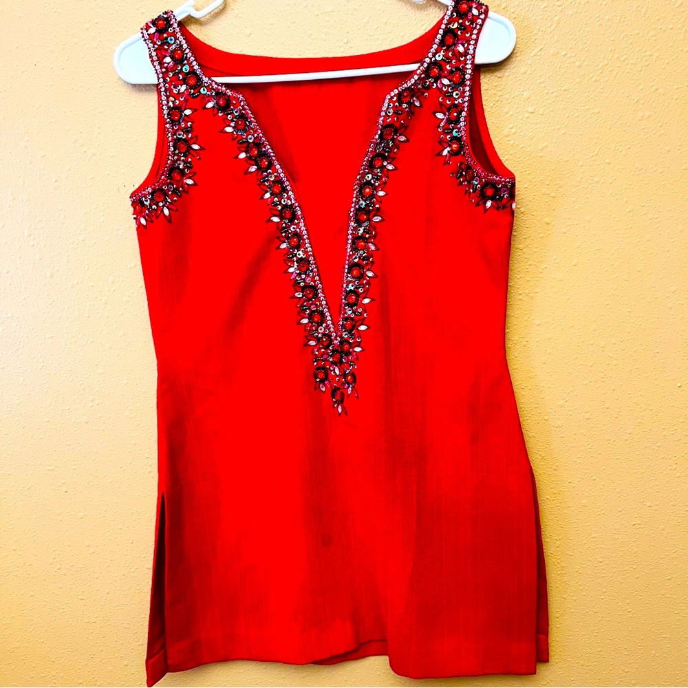 Women’s Red with Black and Silver Sequin Work Sleeveless Modern Kurti Top S/M